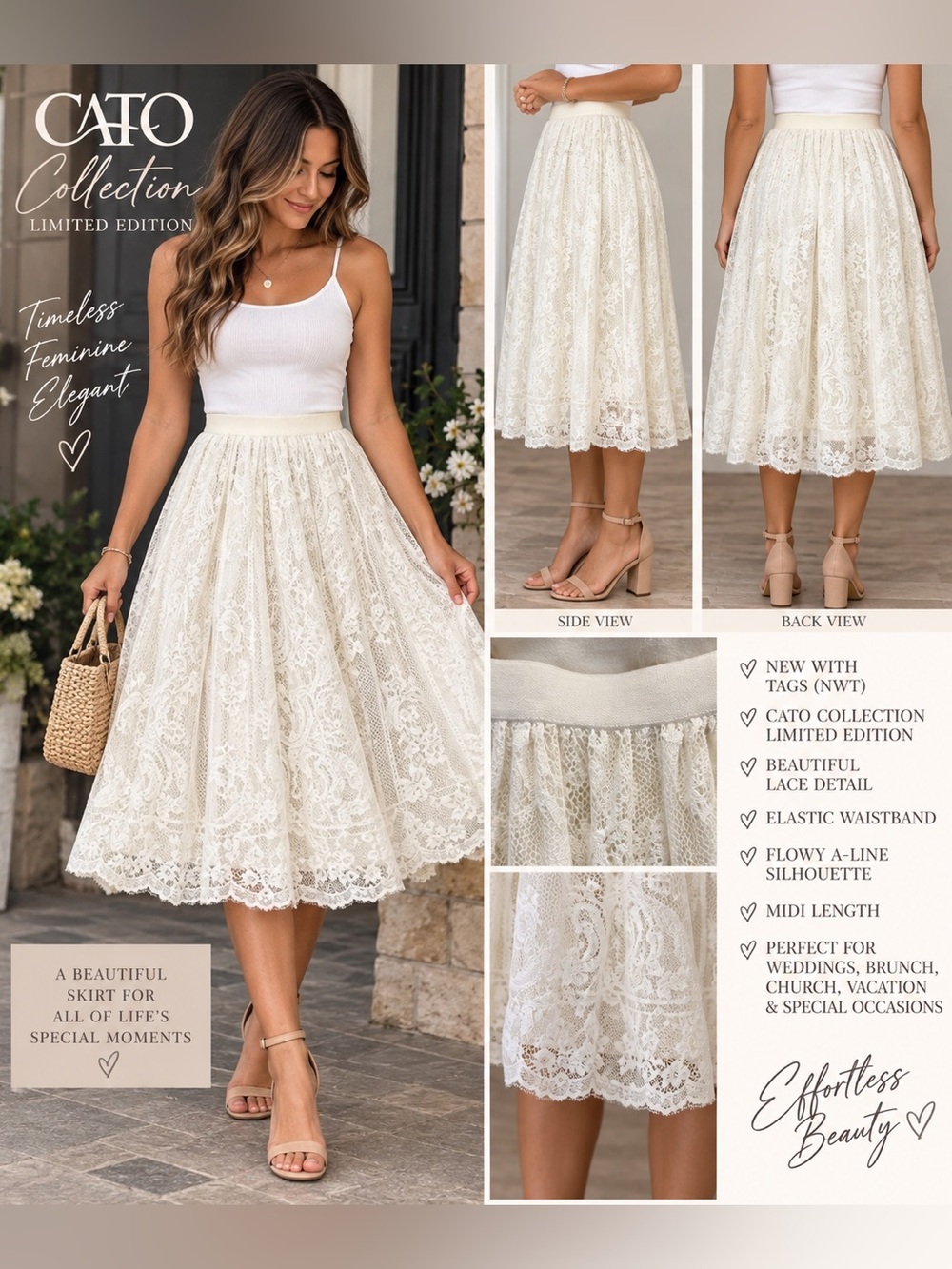 Cato Collection Limited Edition Ivory Lace Midi Skirt NWT Boho Cottagecore